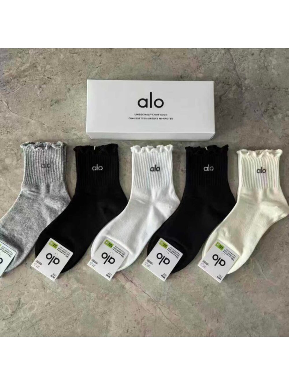 A14- ALO Yoga Women's Ruffle Cuff Half-Crew Socks 5-Pair Box Set - NWT